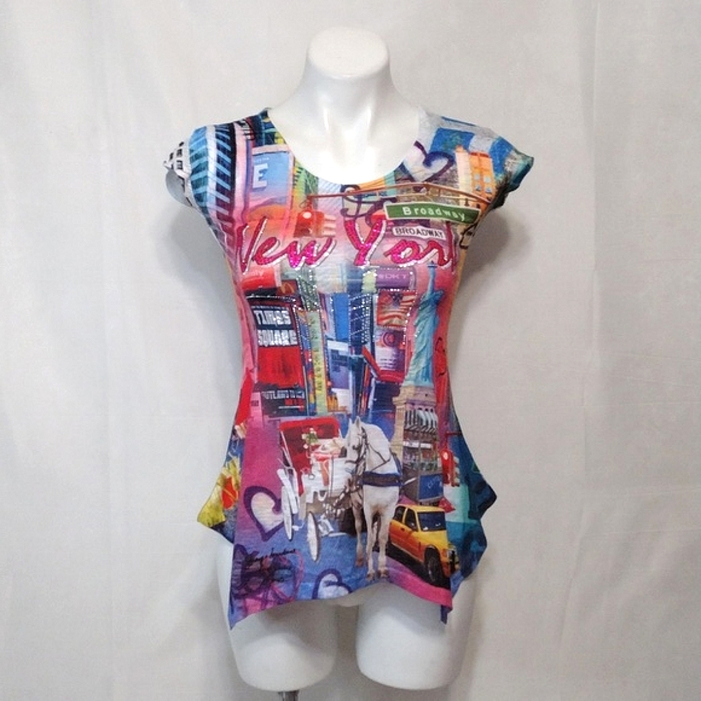 Festive Times Square New York Rhinestone Peplum T-Shirt Top Small Sparkly Party